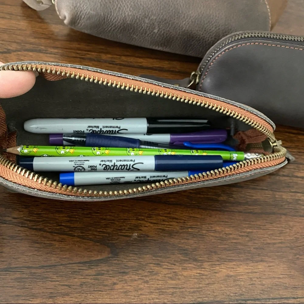 Crazy Horse Real Leather Brown Zipper Pencil Pouch Makeup Bag